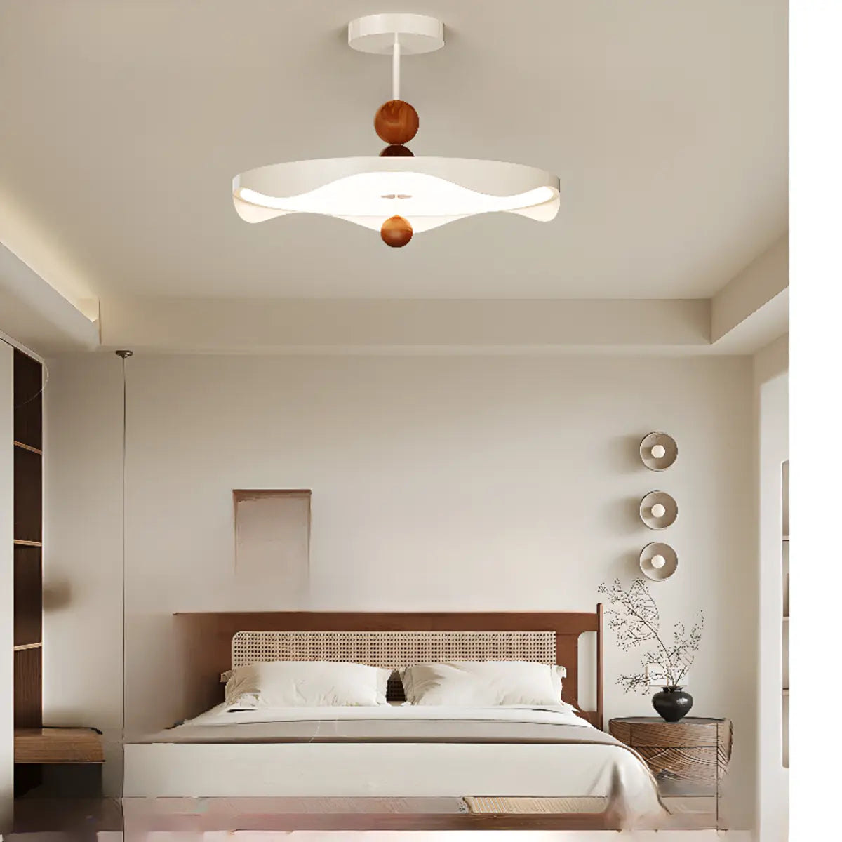 Wave Round White Metal Wood Ball Bedroom LED Chandelier Image - 1