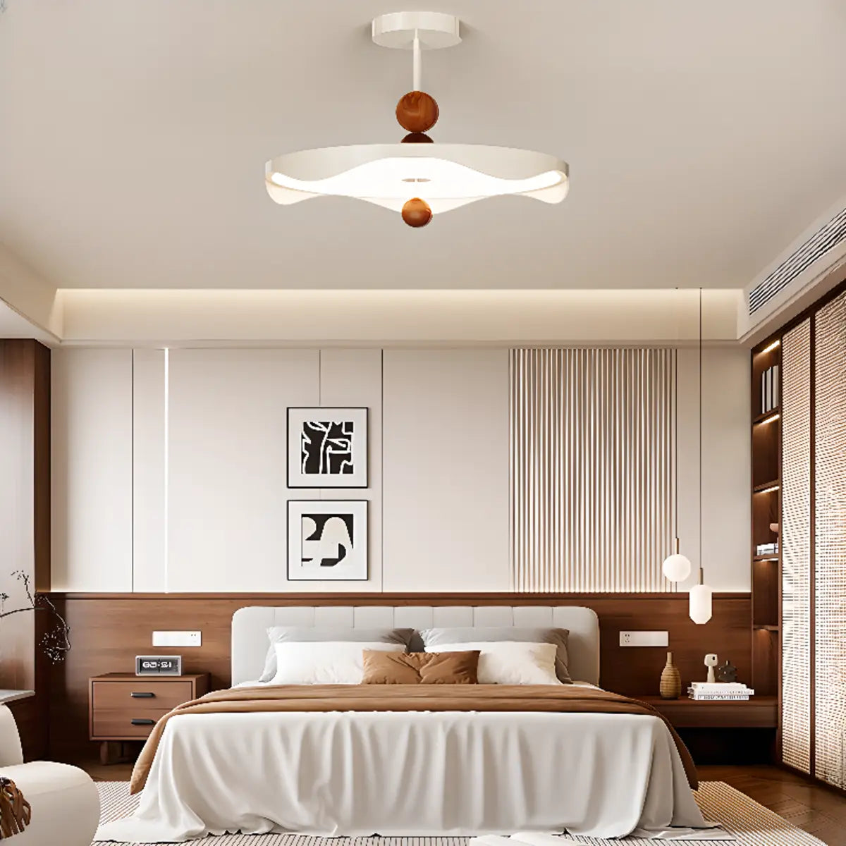 Wave Round White Metal Wood Ball Bedroom LED Chandelier Image - 4