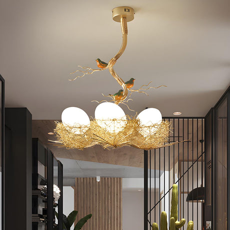 Whimsical Nature Bird Nest White Glass Ball Chandelier Image - 2