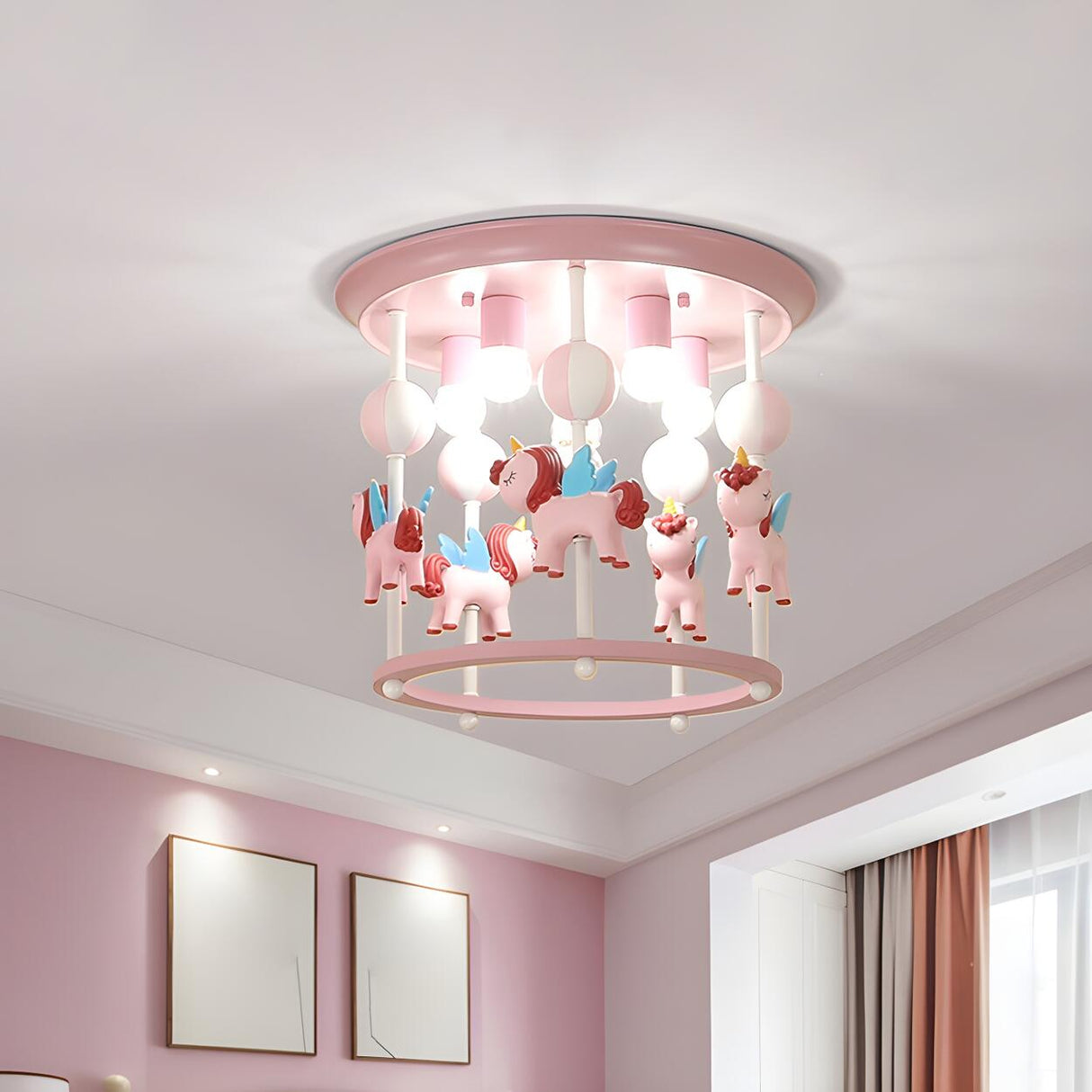 Whimsical Pink Carousel Resin Flush Mount Ceiling Light Image - 1