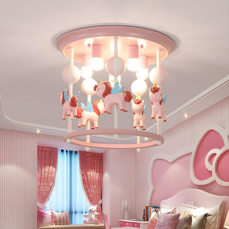 Whimsical Pink Carousel Resin Flush Mount Ceiling Light Image - 2