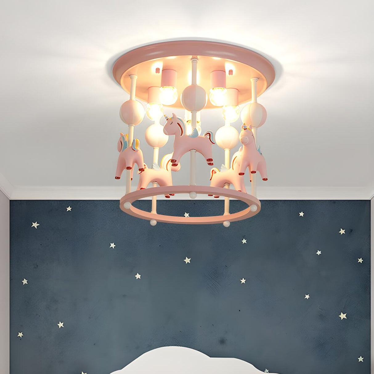 Whimsical Pink Carousel Resin Flush Mount Ceiling Light Image - 5