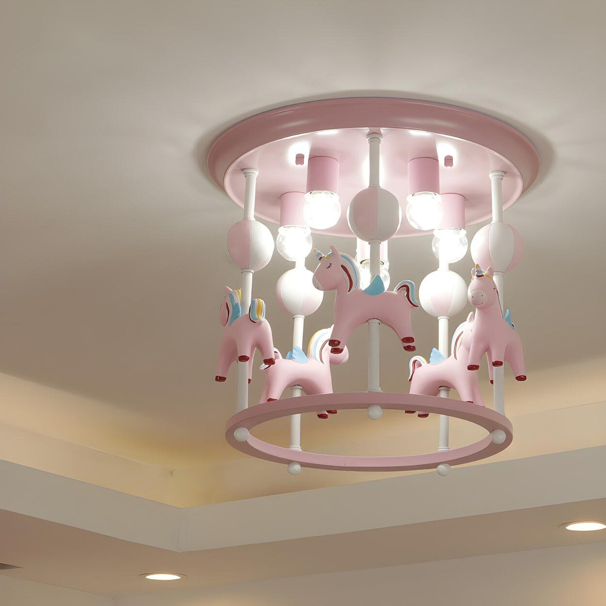 Whimsical Pink Carousel Resin Flush Mount Ceiling Light Image - 6