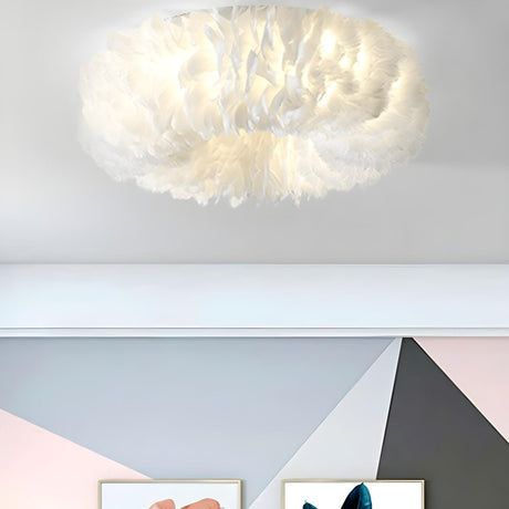 Whimsical White Feather Circle Flush Mount Ceiling Lamp Image - 1