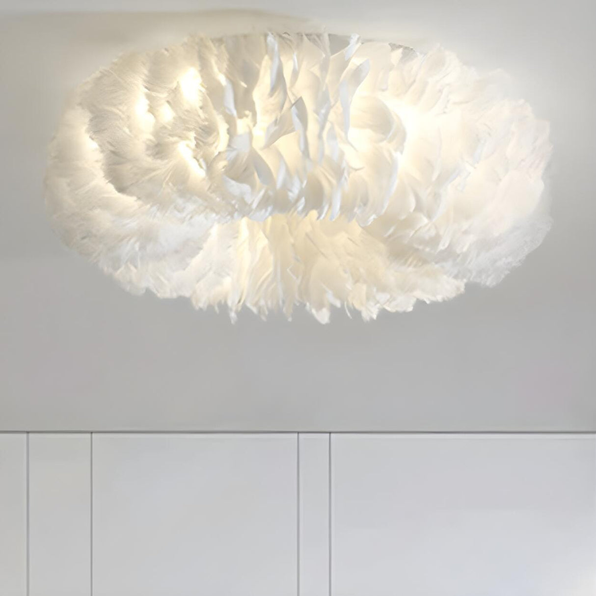 Whimsical White Feather Circle Flush Mount Ceiling Lamp Image - 2