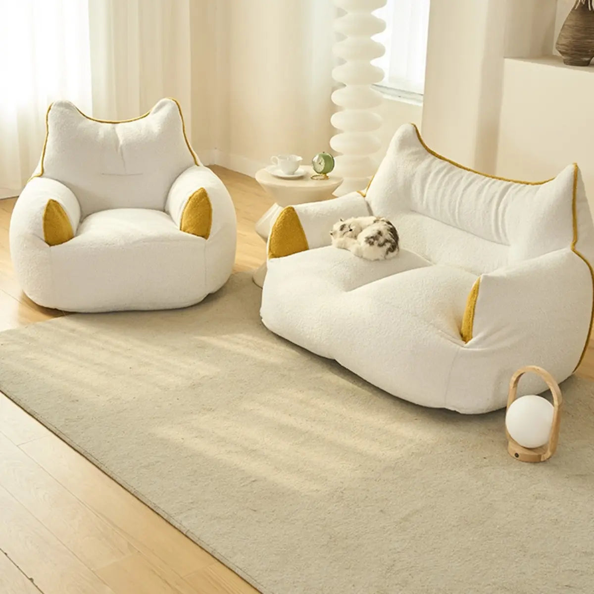 White 2-Seater Cat-Shaped Textured Fabric Bean Chair Image - 1