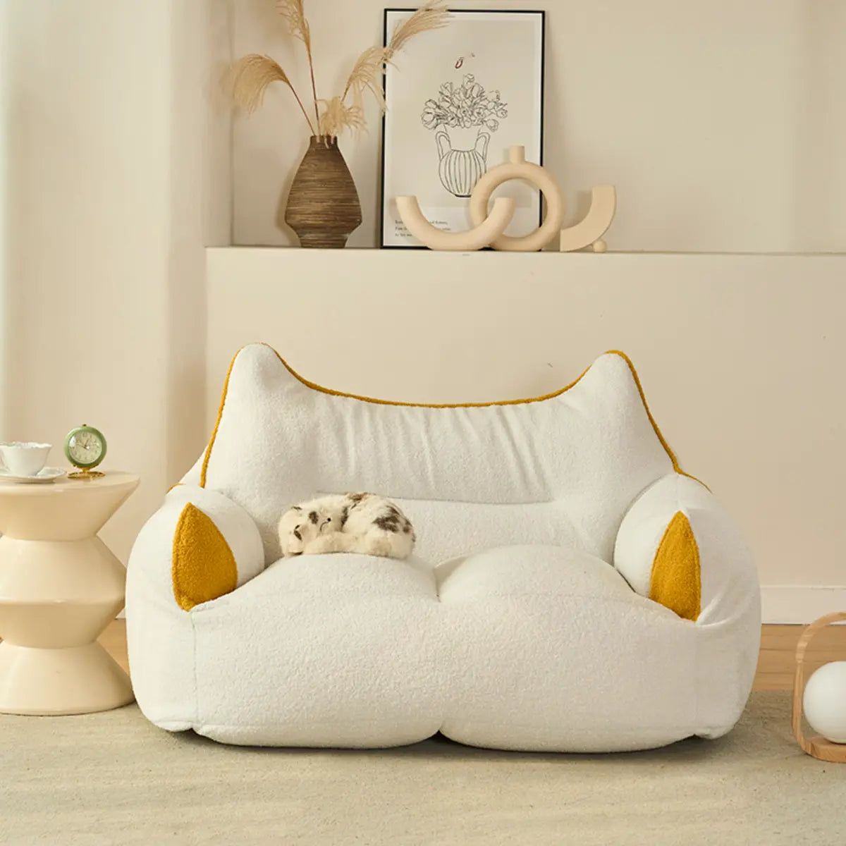 White 2-Seater Cat-Shaped Textured Fabric Bean Chair Image - 2