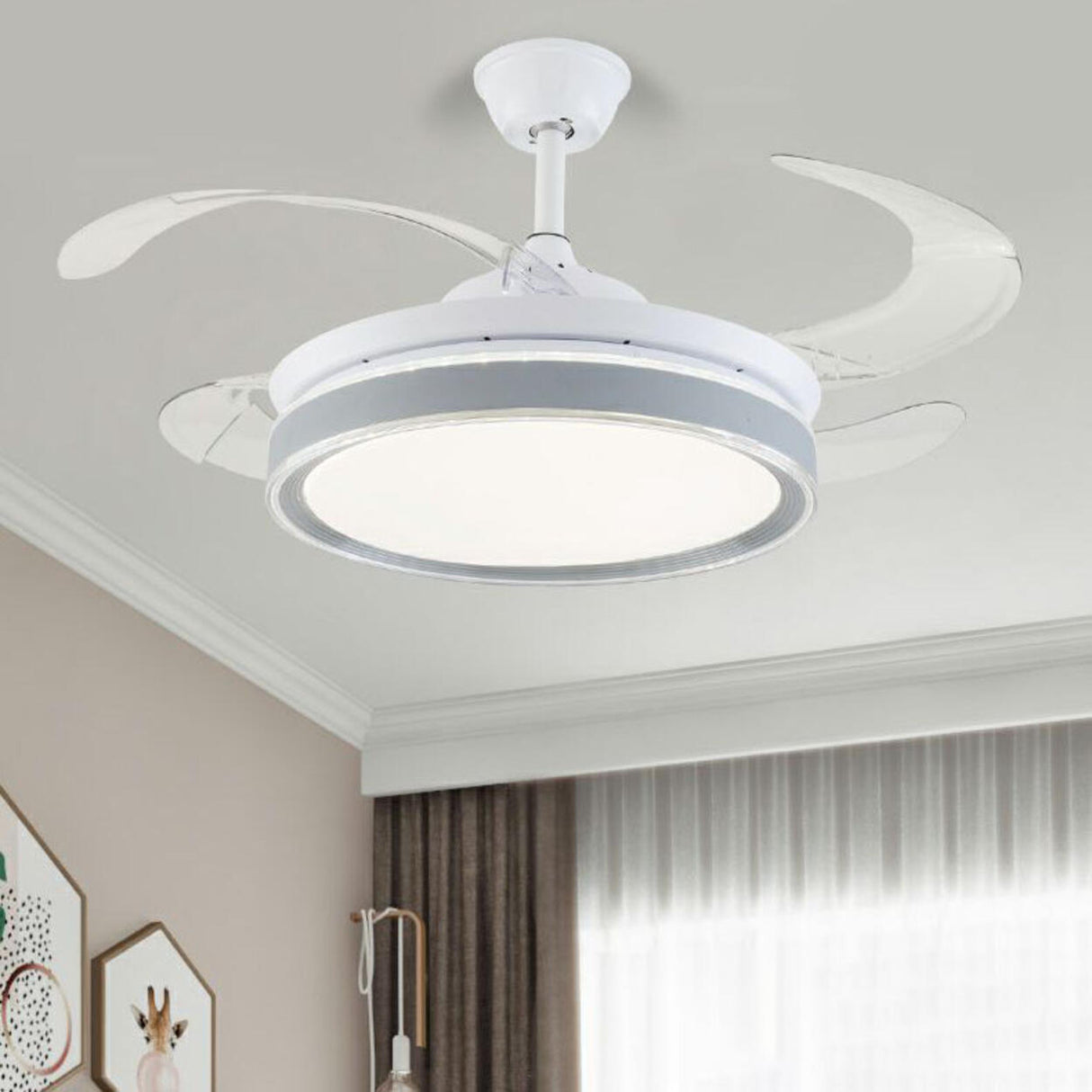 White 4 Blade Round Modern Ceiling Fan with LED Light Image - 1