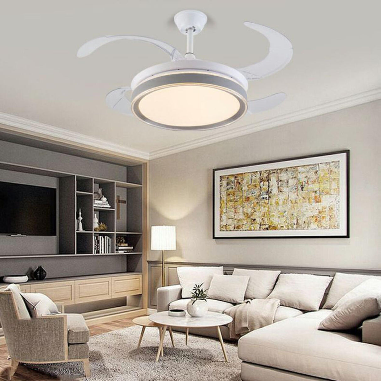 White 4 Blade Round Modern Ceiling Fan with LED Light Image - 6