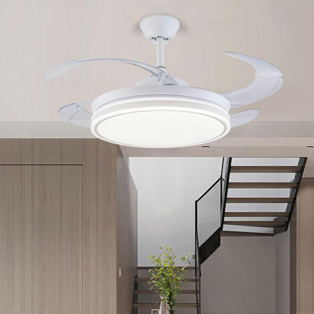 White 4 Blade Round Modern Ceiling Fan with LED Light Image - 7