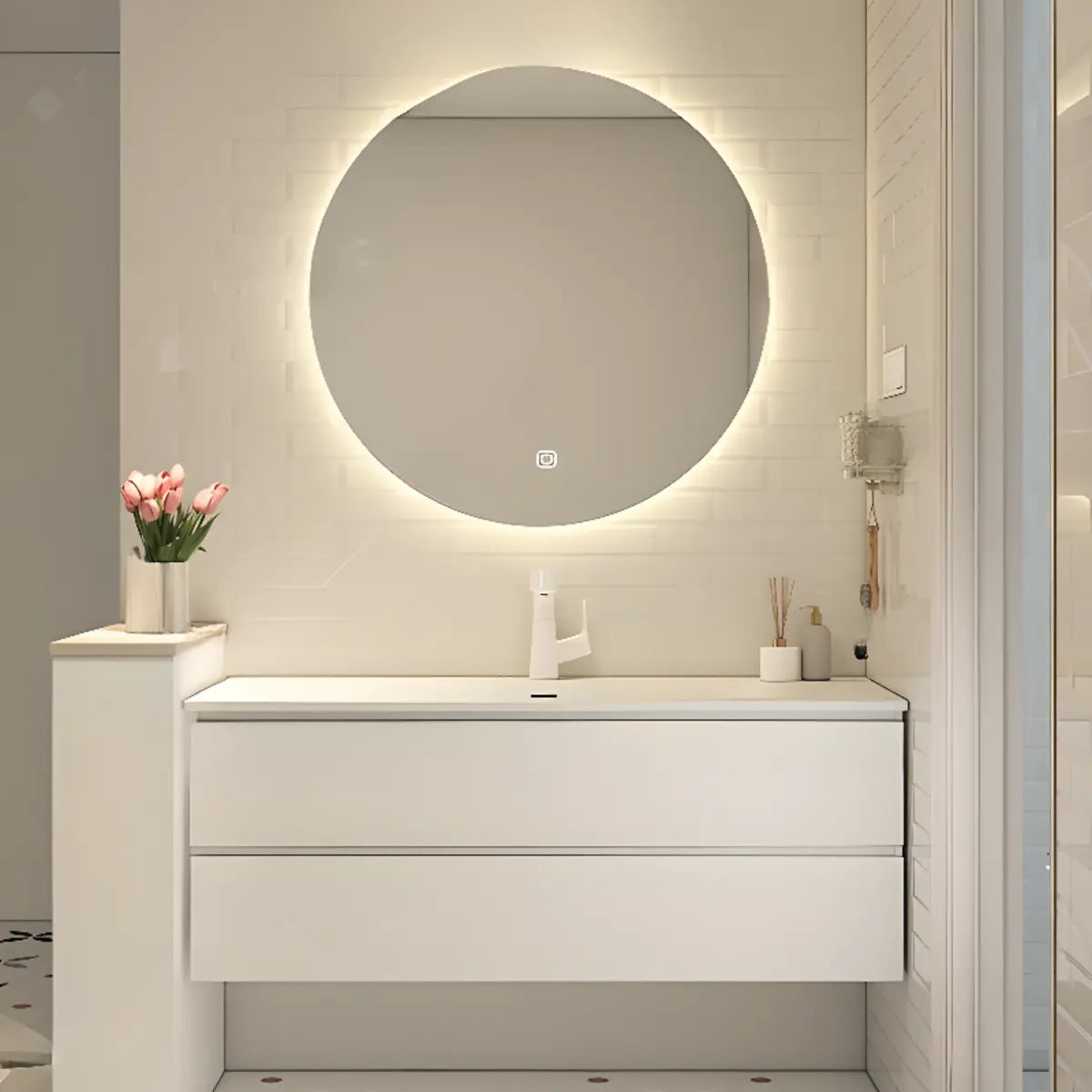 White Acrylic Wall Mounted Bathroom Vanity with Drawers Image - 6