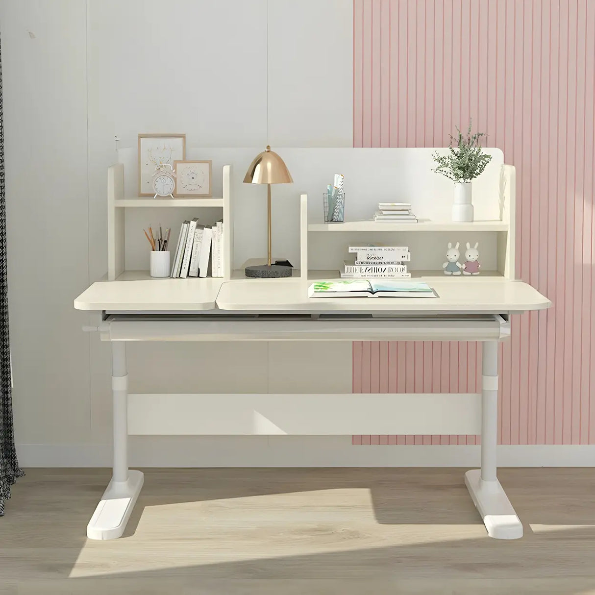 White Adjustable Drawers Hutch T-Shape Standing Desk Image - 5