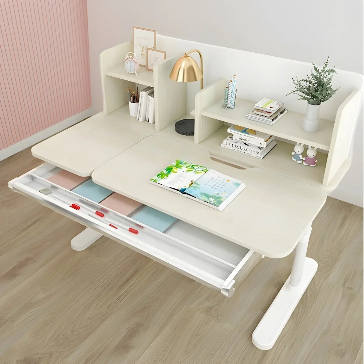 White Adjustable Drawers Hutch T-Shape Standing Desk Image - 6