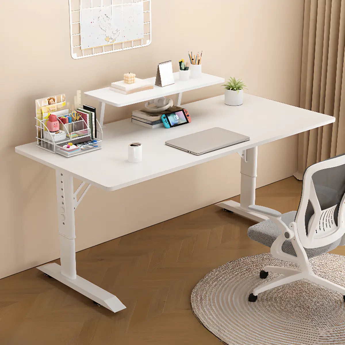 White Adjustable Height Rectangle T-Shape Writing Desk Image - 1