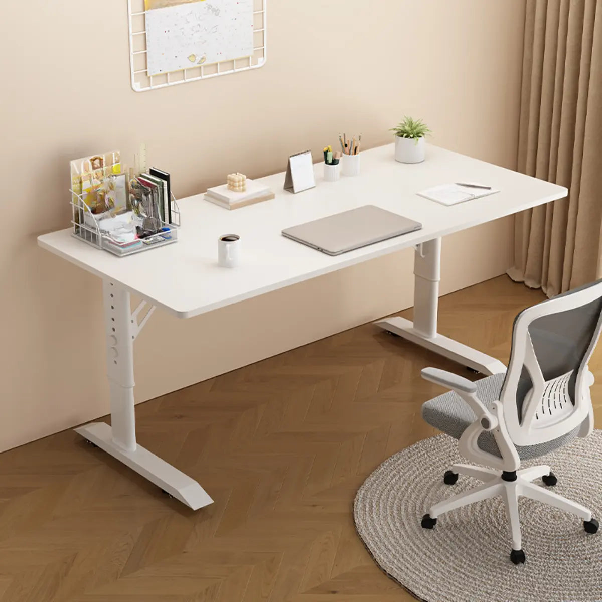 White Adjustable Height Rectangle T-Shape Writing Desk Image - 2