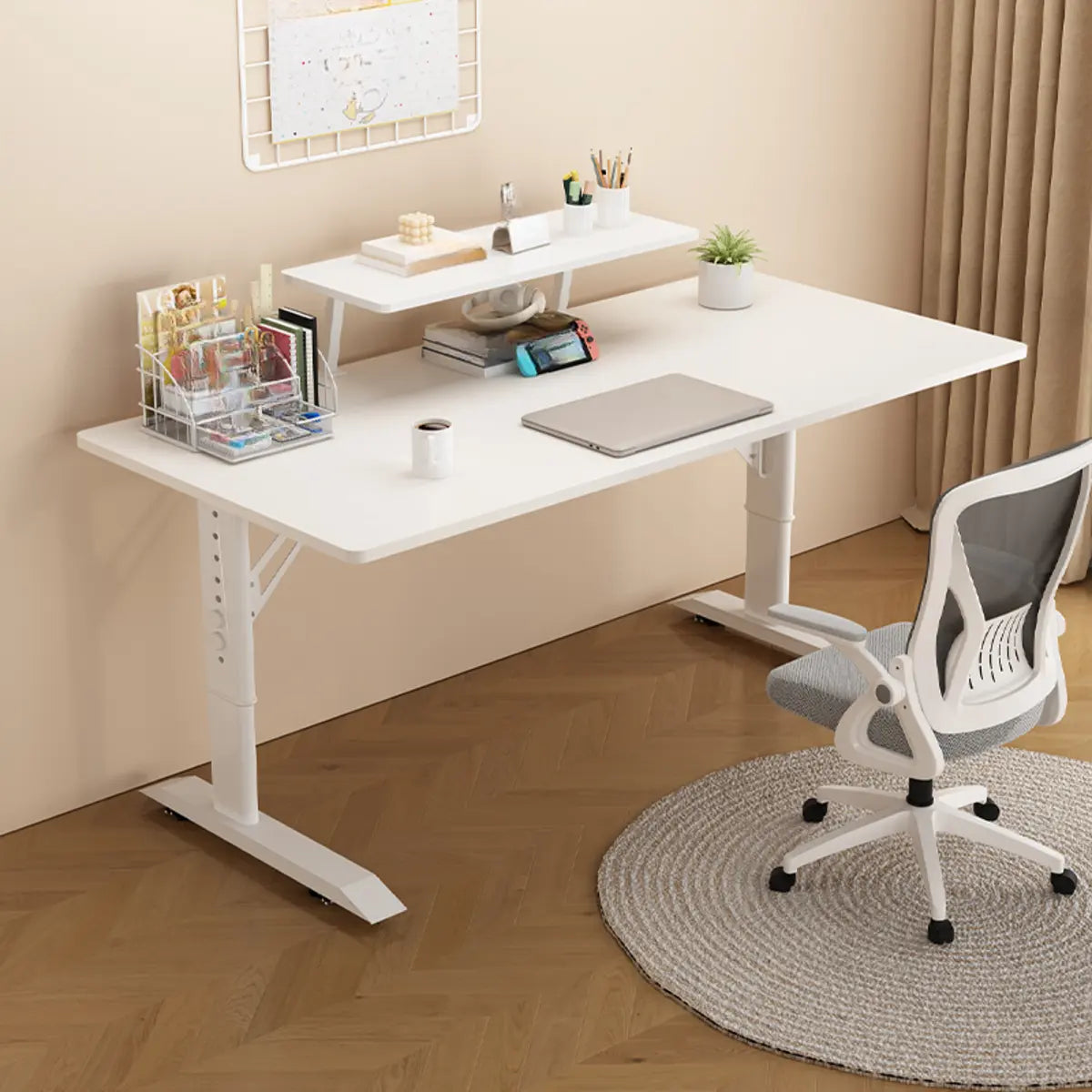 White Adjustable Height Rectangle T-Shape Writing Desk Image - 3