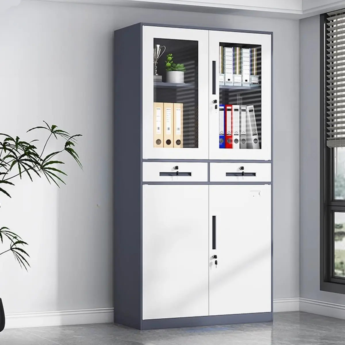 White Adjustable Shelves Lockable Office Storage Cabinet Image - 12