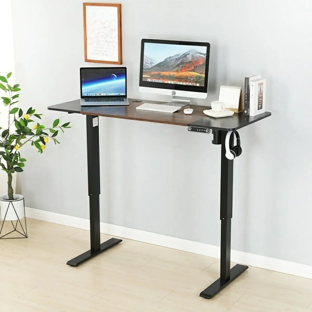 White Adjustable Wood T-Shape Standing Desk Converter Image - 2