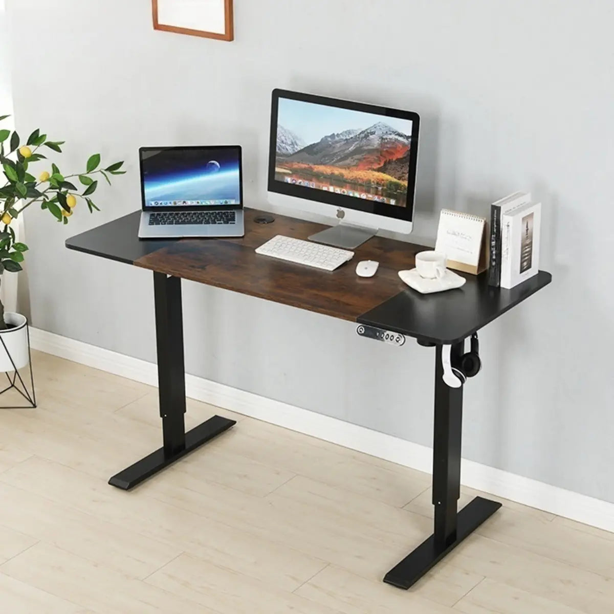 White Adjustable Wood T-Shape Standing Desk Converter Image - 8