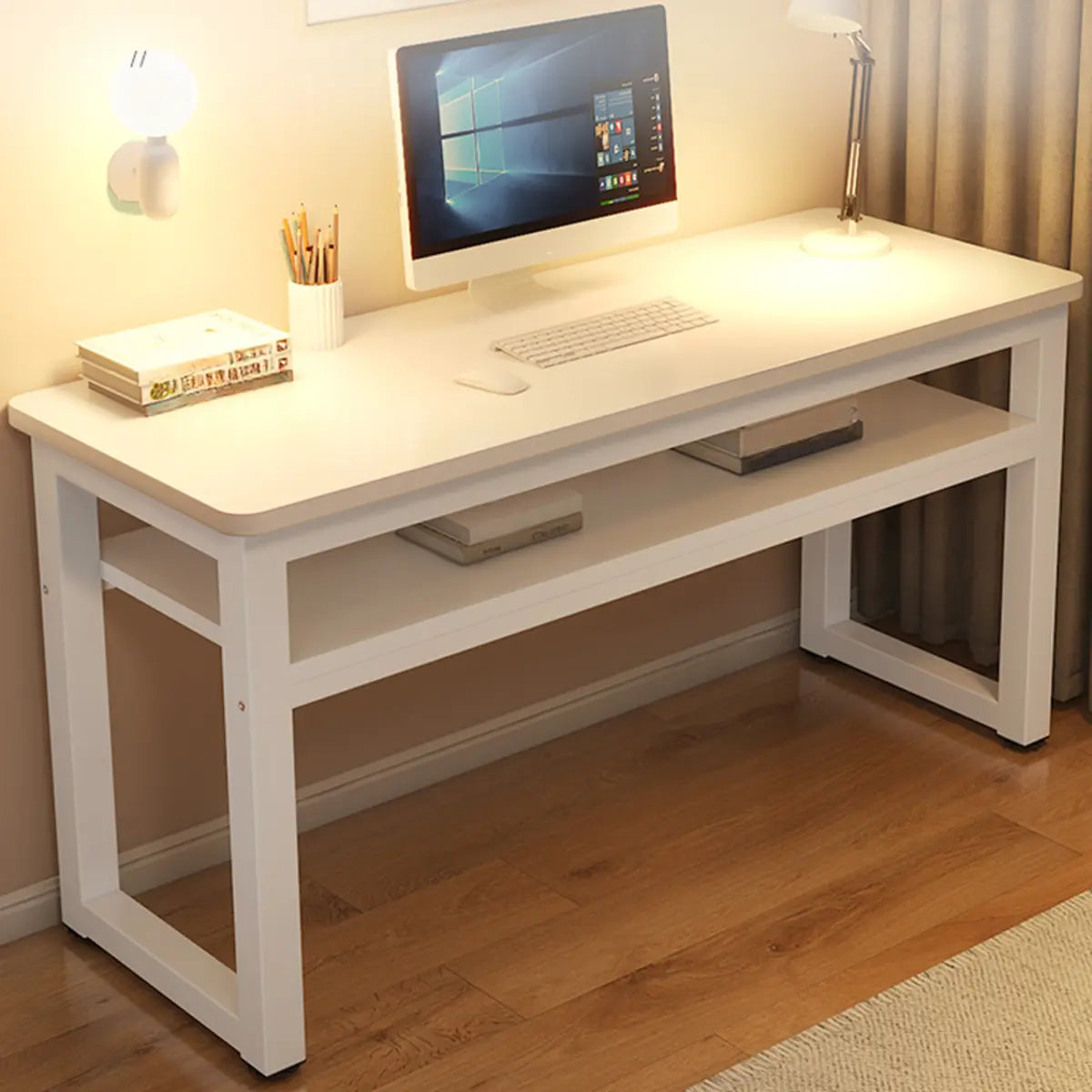 White Artificial Wood Exterior Shelf Sled Writing Desk Image - 4