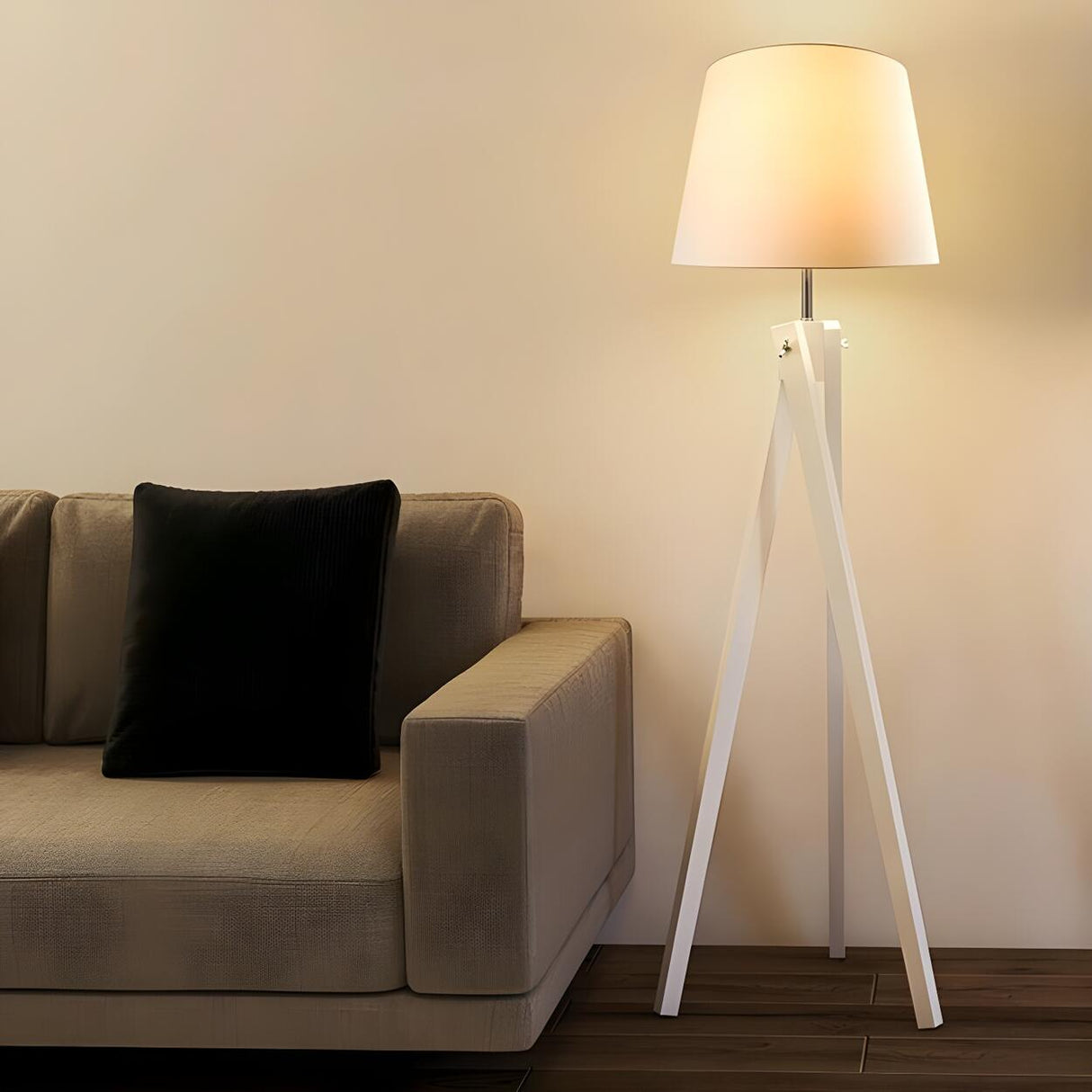 White Barrel Modern Tripod Wooden LED Floor Lamp Image - 1