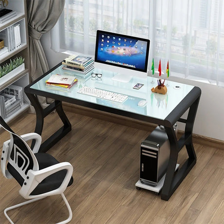 White-Black Glass Top Storage Sledge Computer Desk Image - 2