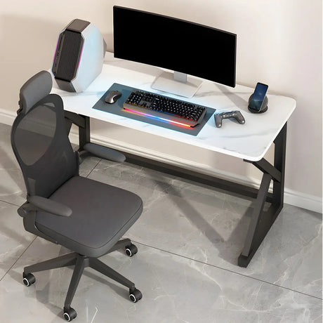 White-Black Stone Rectangular Iron Sled Gaming Desk Image - 1