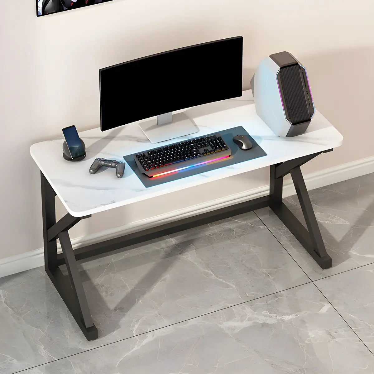 White-Black Stone Rectangular Iron Sled Gaming Desk Image - 10