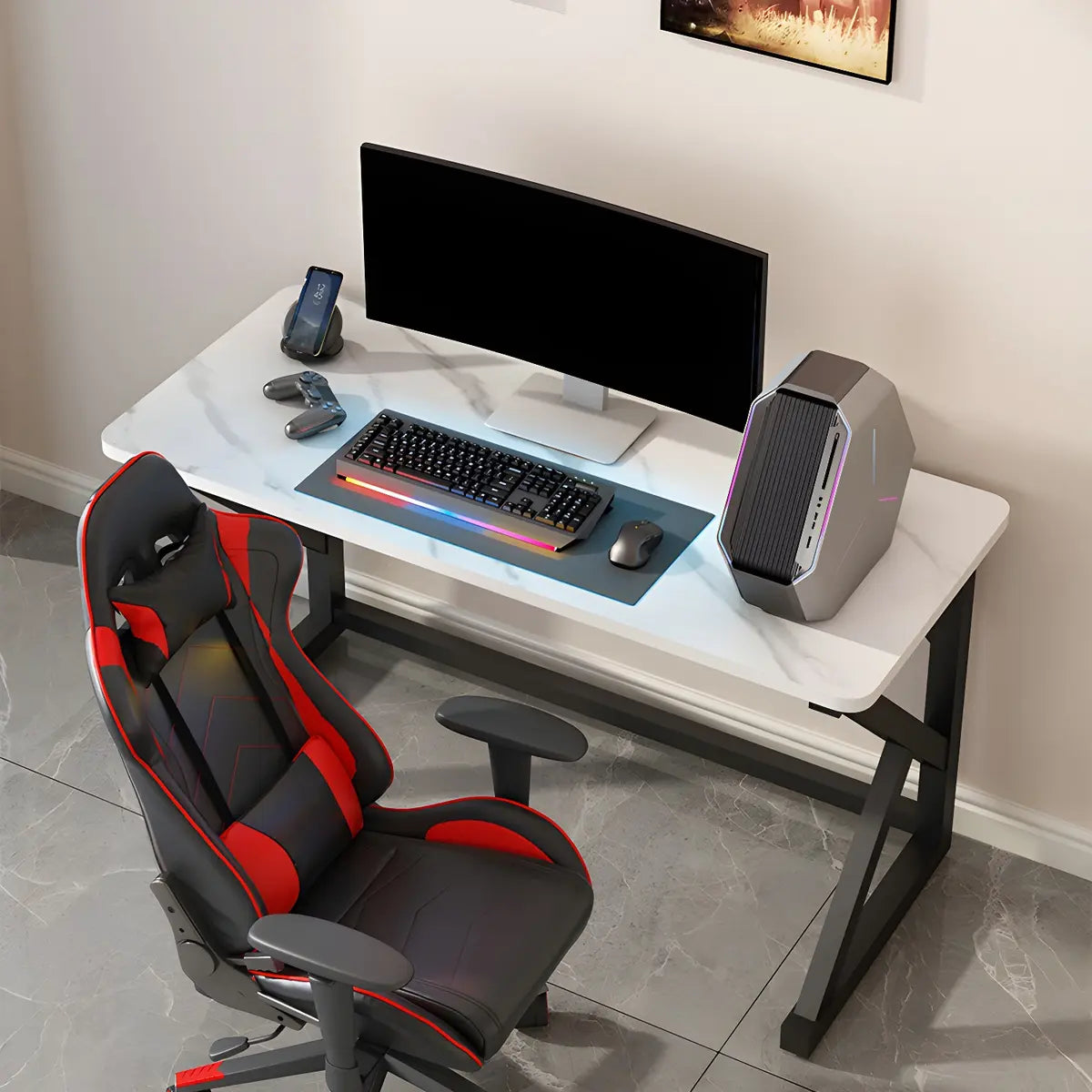 White-Black Stone Rectangular Iron Sled Gaming Desk Image - 12