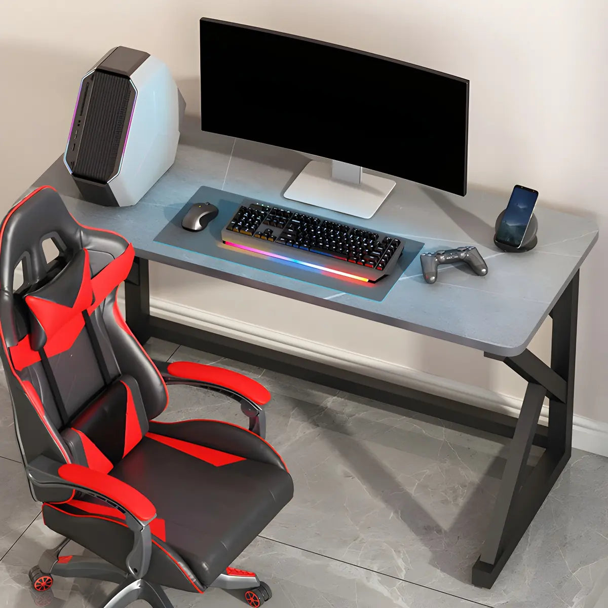 White-Black Stone Rectangular Iron Sled Gaming Desk Image - 13