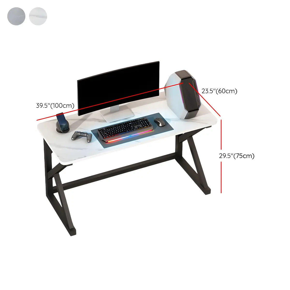 White-Black Stone Rectangular Iron Sled Gaming Desk 