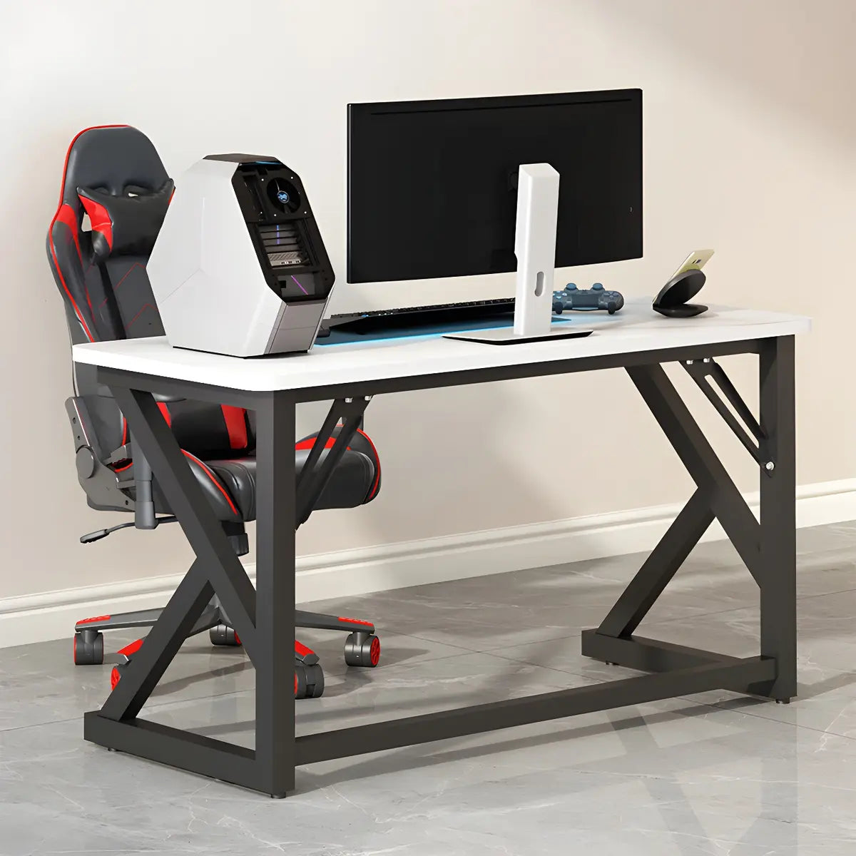 White-Black Stone Rectangular Iron Sled Gaming Desk Image - 2