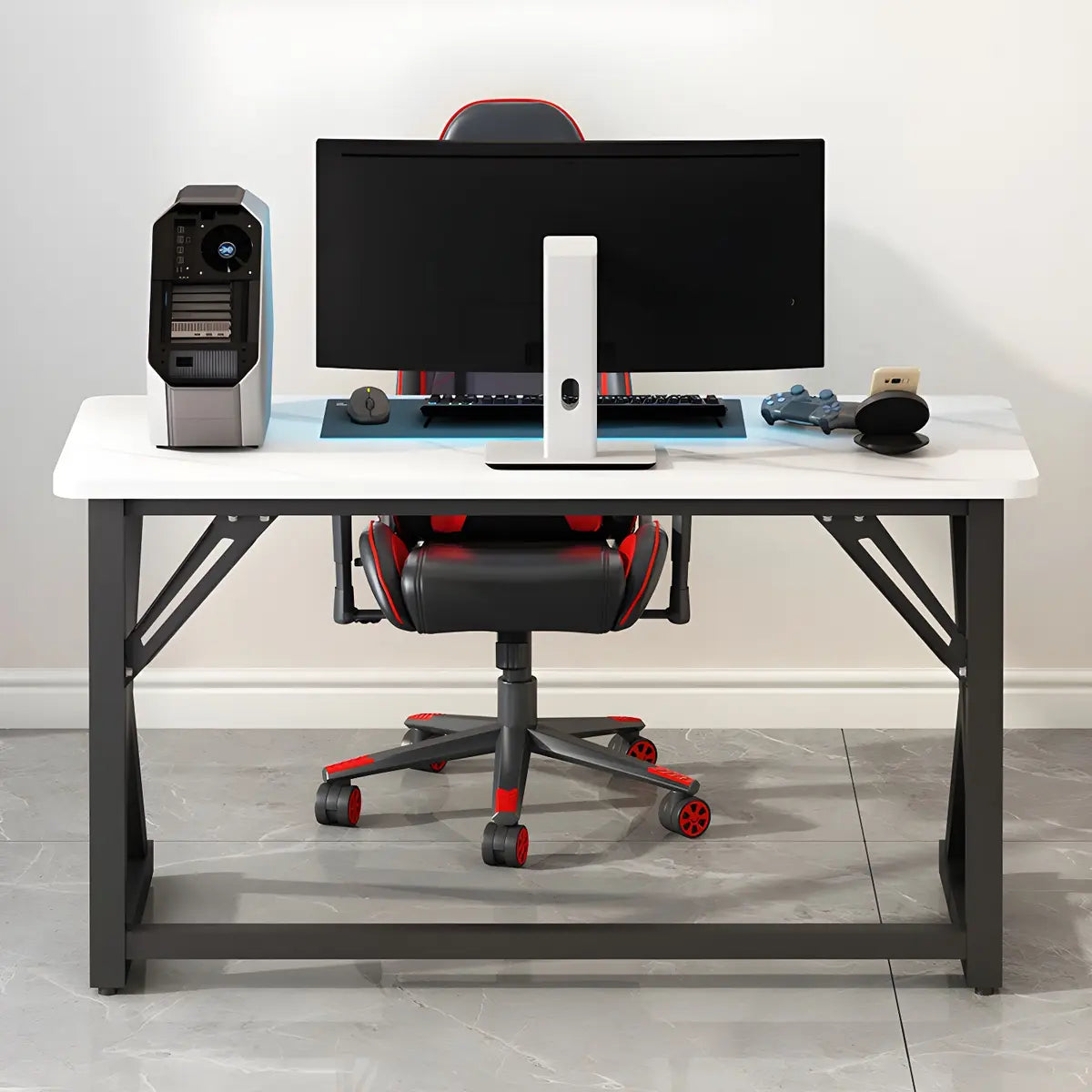 White-Black Stone Rectangular Iron Sled Gaming Desk Image - 4