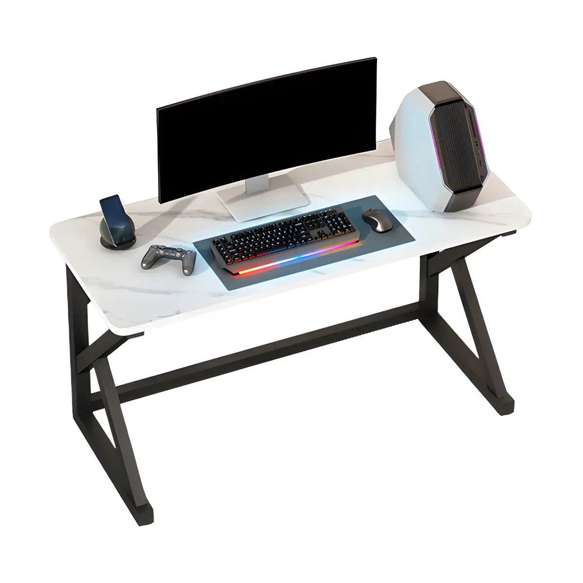 White-Black Stone Rectangular Iron Sled Gaming Desk Image - 5