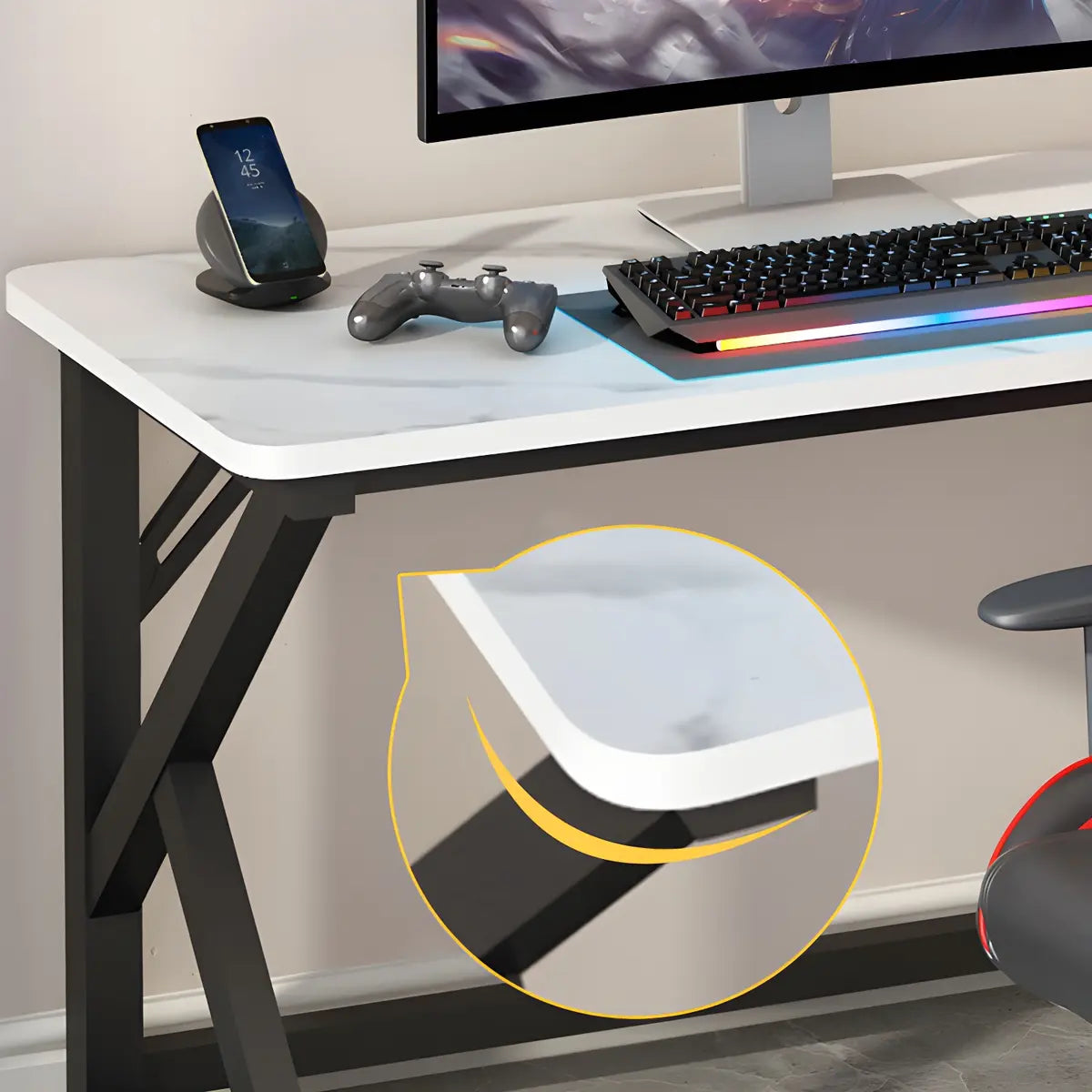 White-Black Stone Rectangular Iron Sled Gaming Desk Image - 6