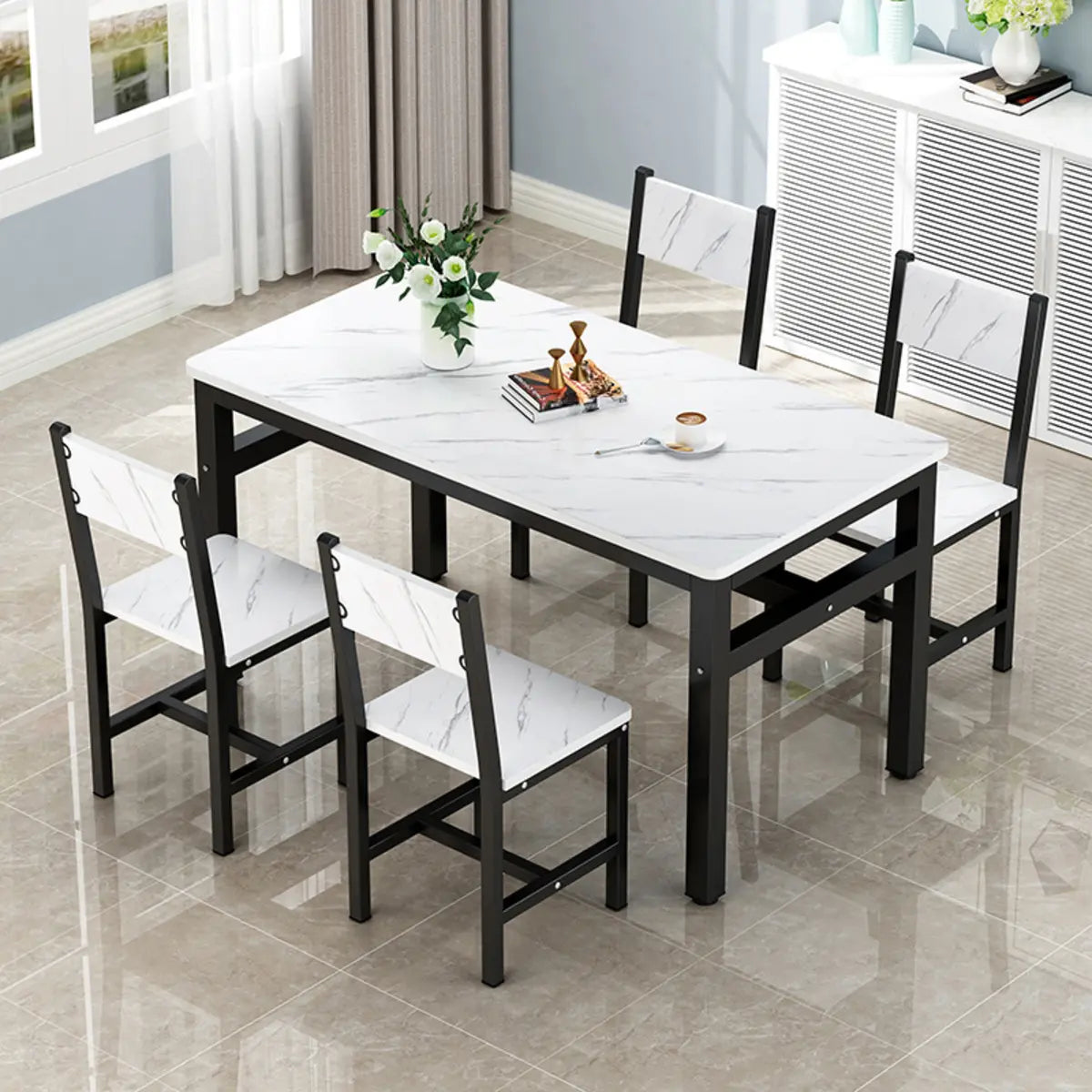 White-Black Wood Rectangle Metal Base Dining Room Set Image - 1