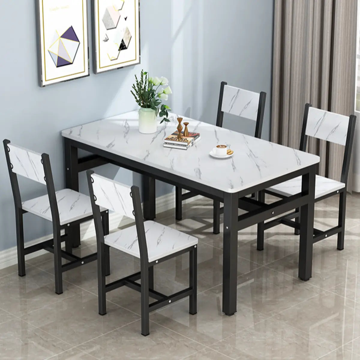 White-Black Wood Rectangle Metal Base Dining Room Set Image - 10