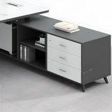 White-Black Wood Shelf Drawers L-Shape Computer Desk Image - 10