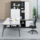 White-Black Wood Shelf Drawers L-Shape Computer Desk Image - 4