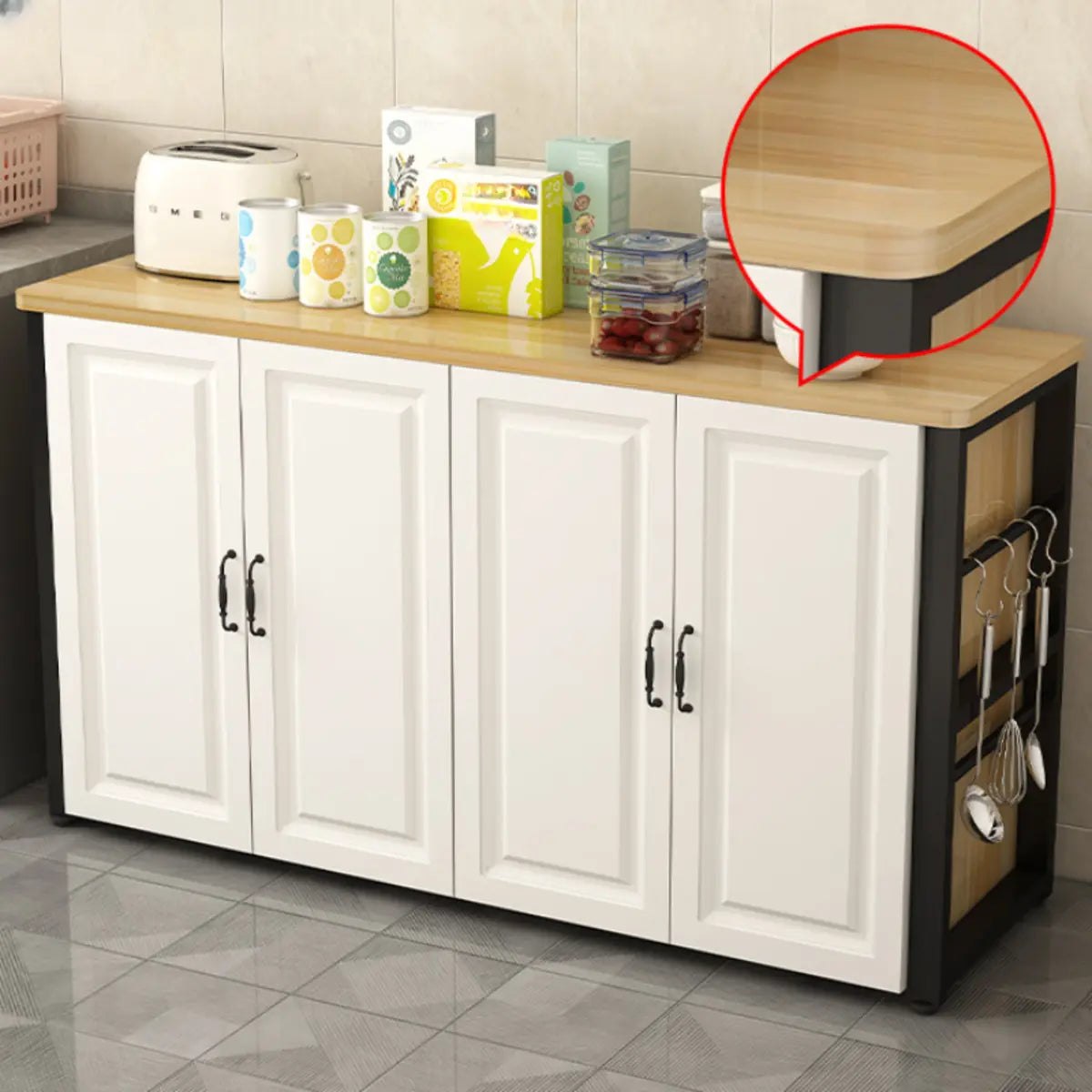 White Cabinet Stationary Rectangle Wood Kitchen Island Image - 1