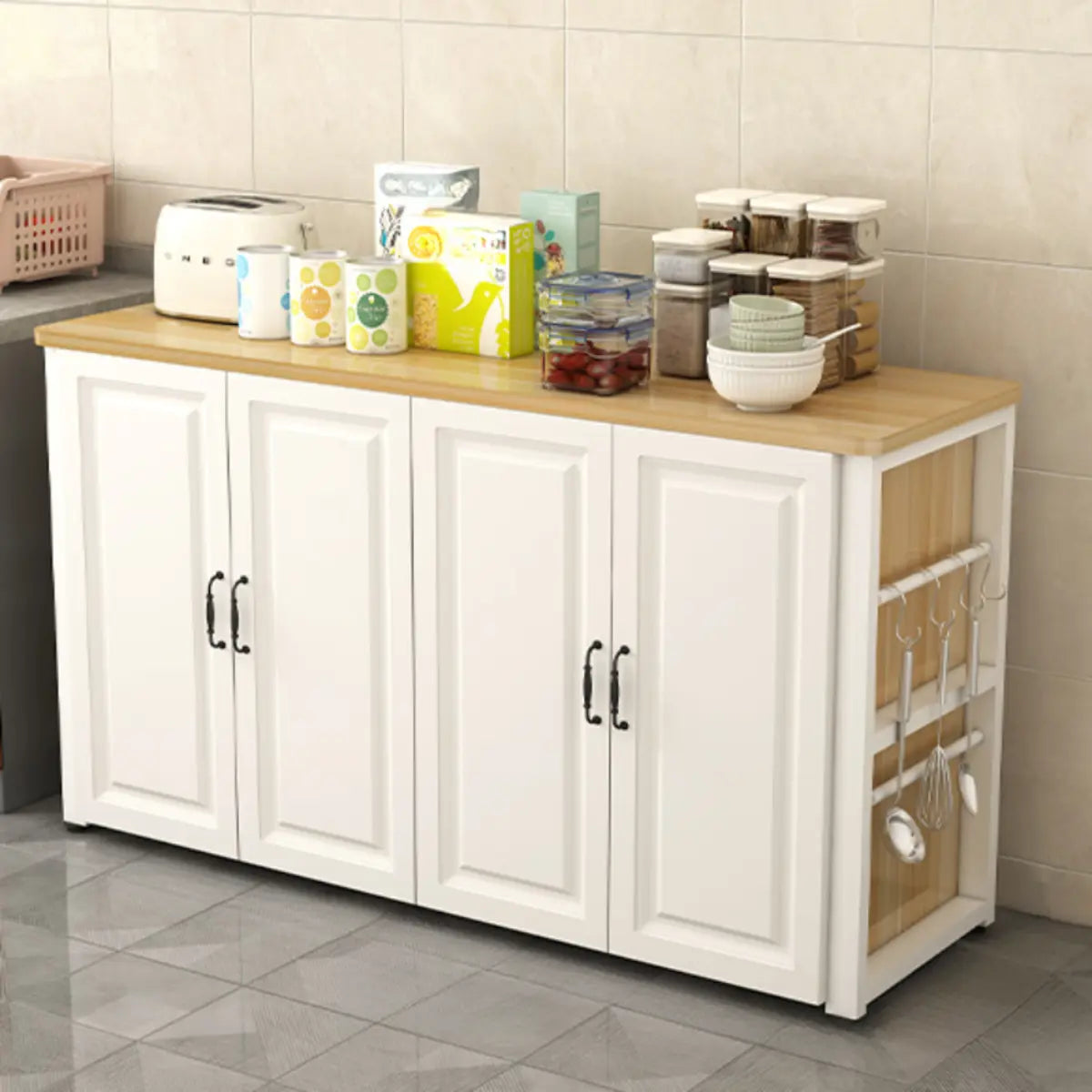 White Cabinet Stationary Rectangle Wood Kitchen Island Image - 3