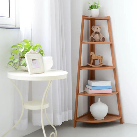 White Casual Corner Ladder Wood Open Display Bookshelf Image - 2