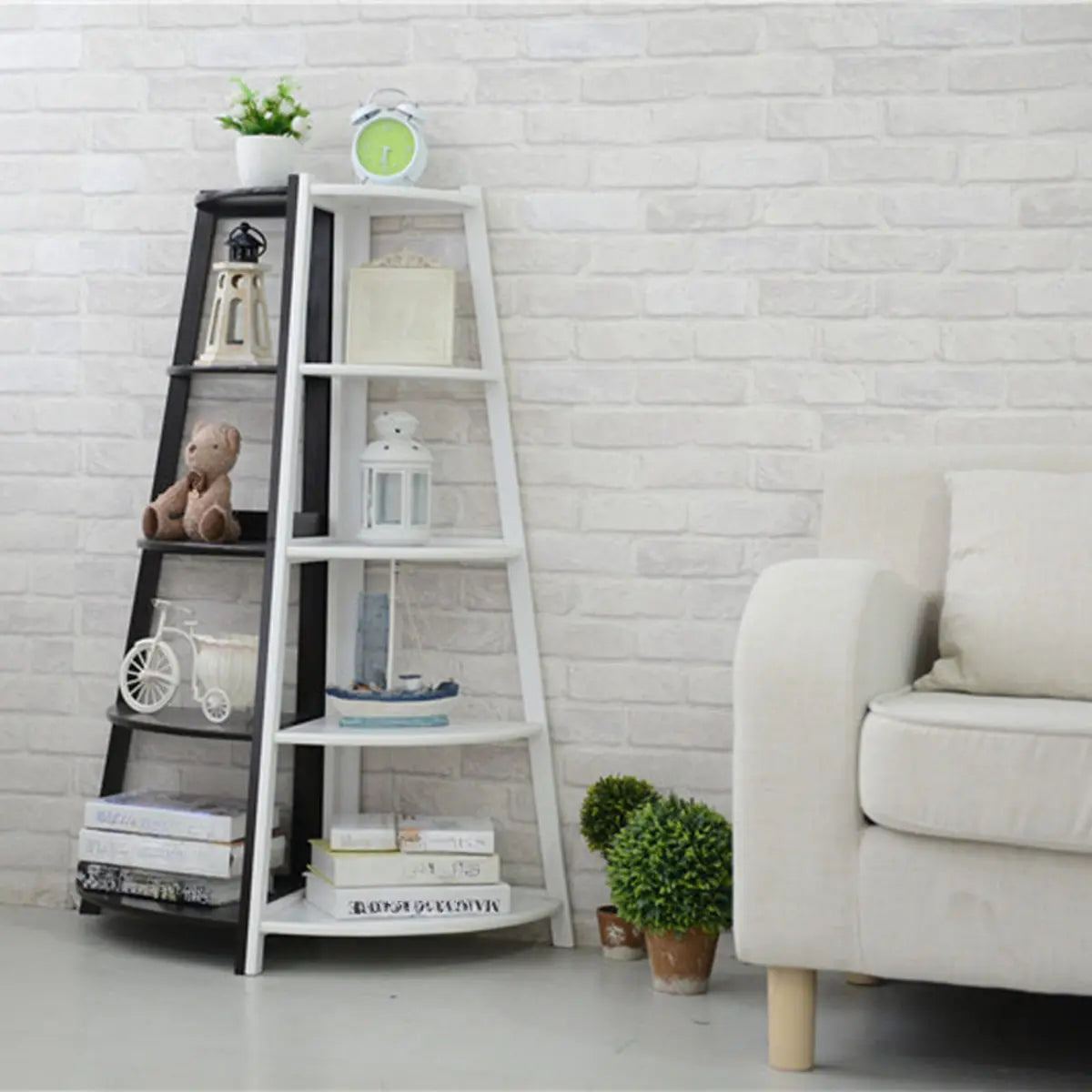 White Casual Corner Ladder Wood Open Display Bookshelf Image - 3