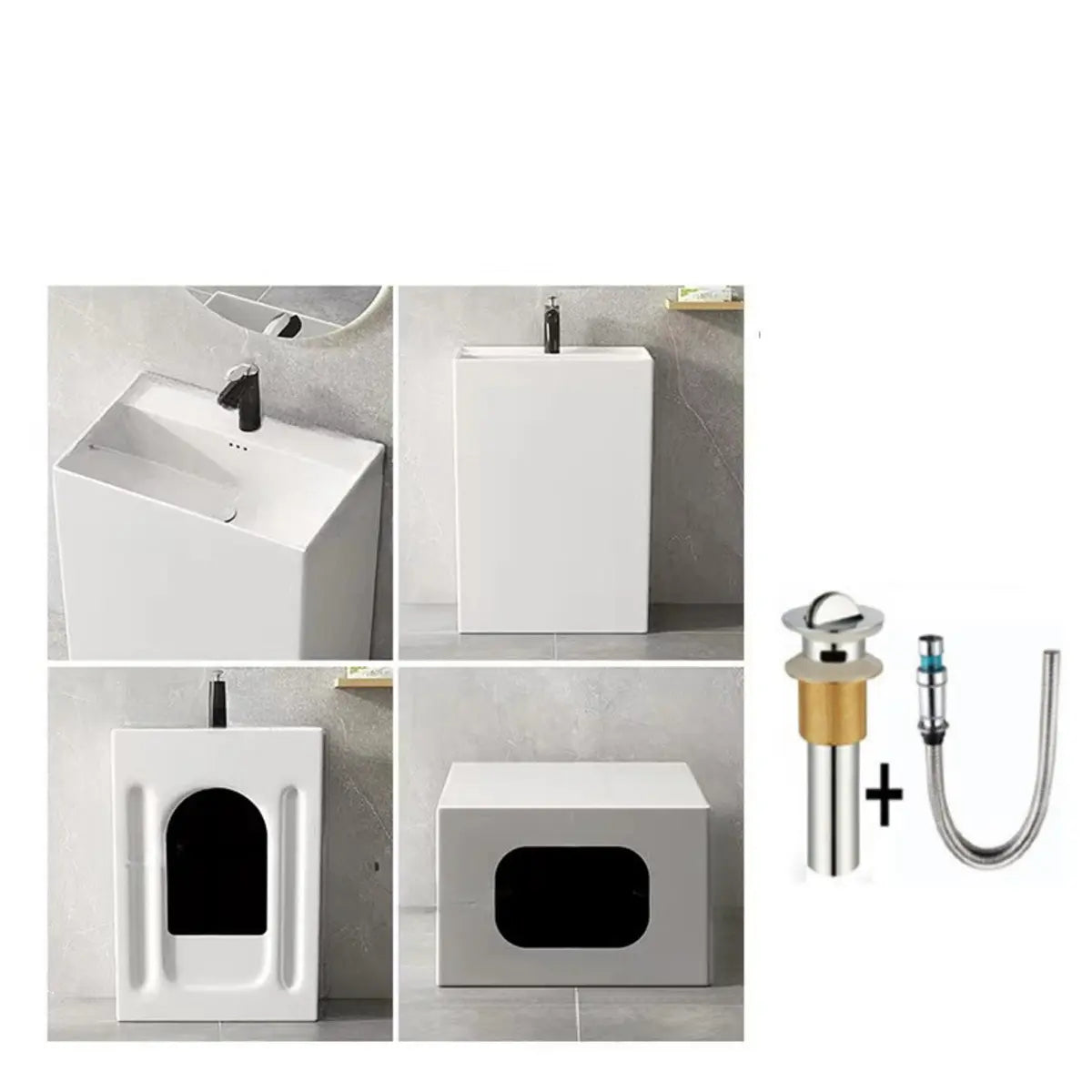 White Ceramic Rectangle Pedestal Sink with Supply Lines Image - 10