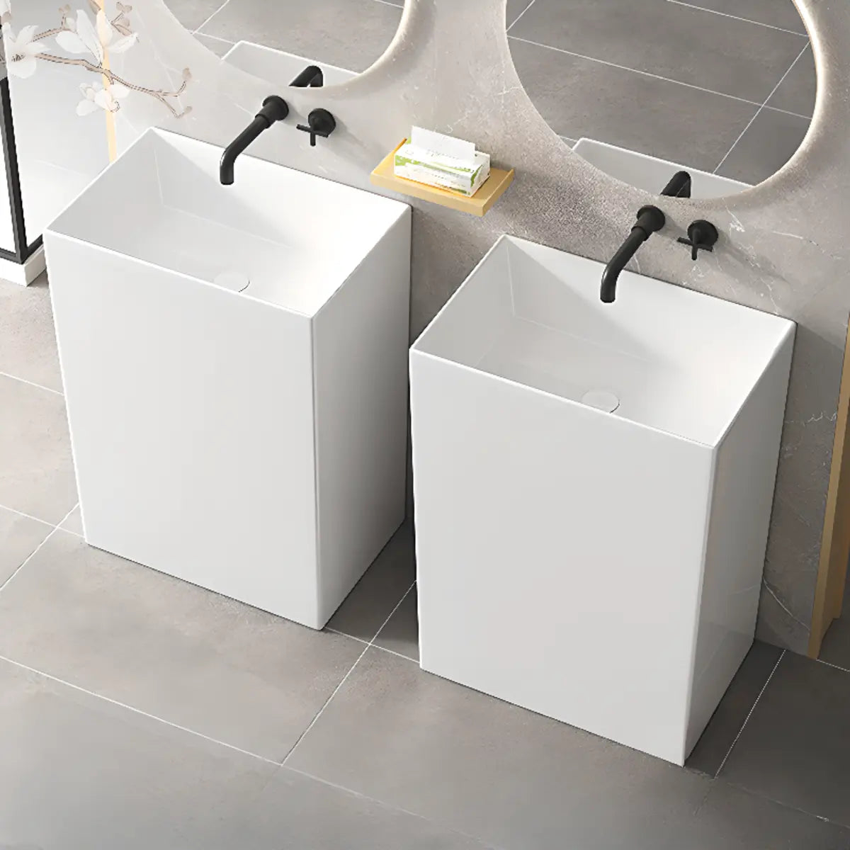 White Ceramic Rectangle Pedestal Sink with Supply Lines Image - 4