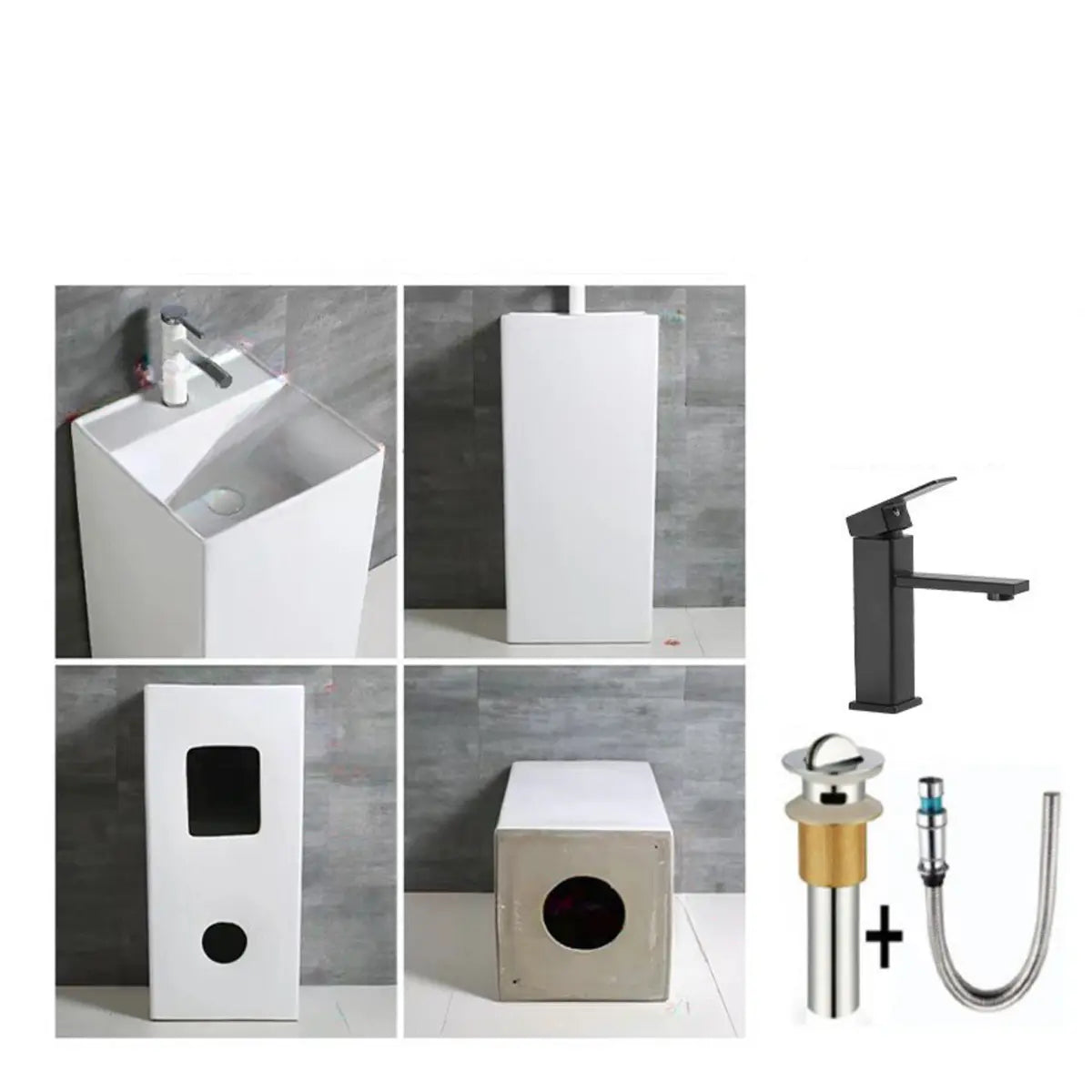 White Ceramic Rectangle Pedestal Sink with Supply Lines Image - 5