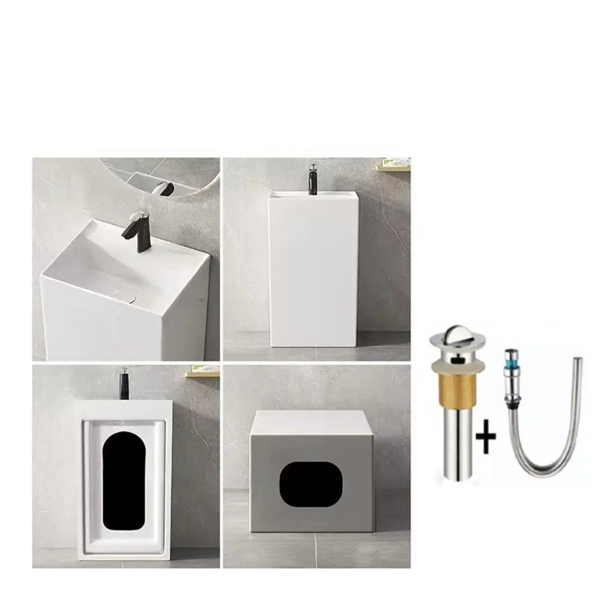 White Ceramic Rectangle Pedestal Sink with Supply Lines Image - 8