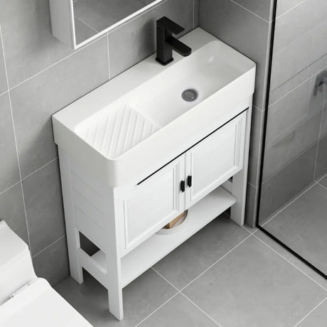 White Ceramic Single Sink Bathroom Vanity with Shelves Image - 1