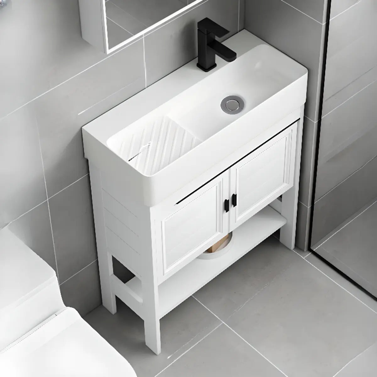 White Ceramic Single Sink Bathroom Vanity with Shelves Image - 10