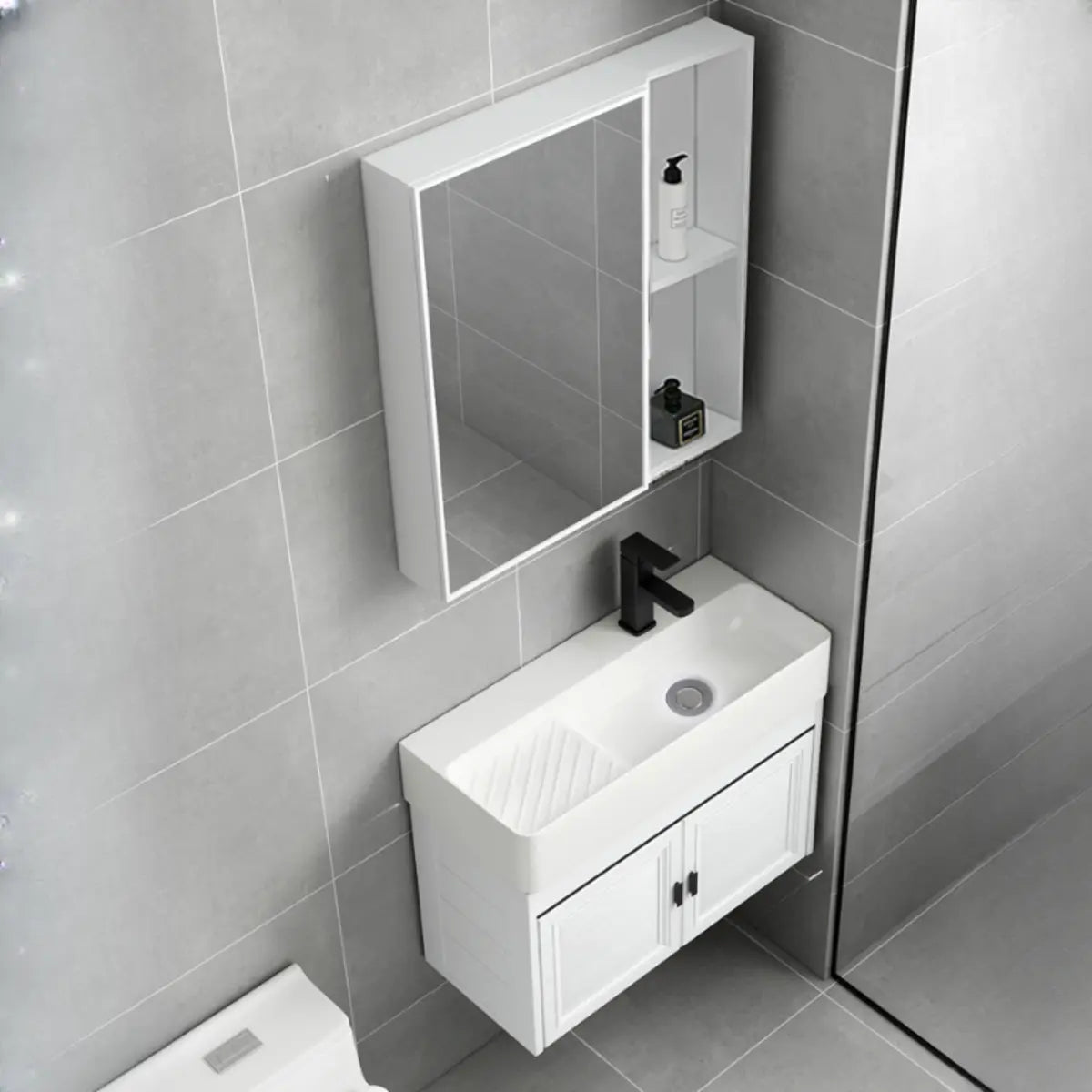 White Ceramic Single Sink Bathroom Vanity with Shelves Image - 11